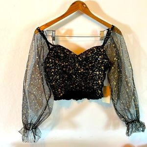 Peach Womens Black Gold Stars Off the Shoulders Bell Sleeves Crop Top Size M